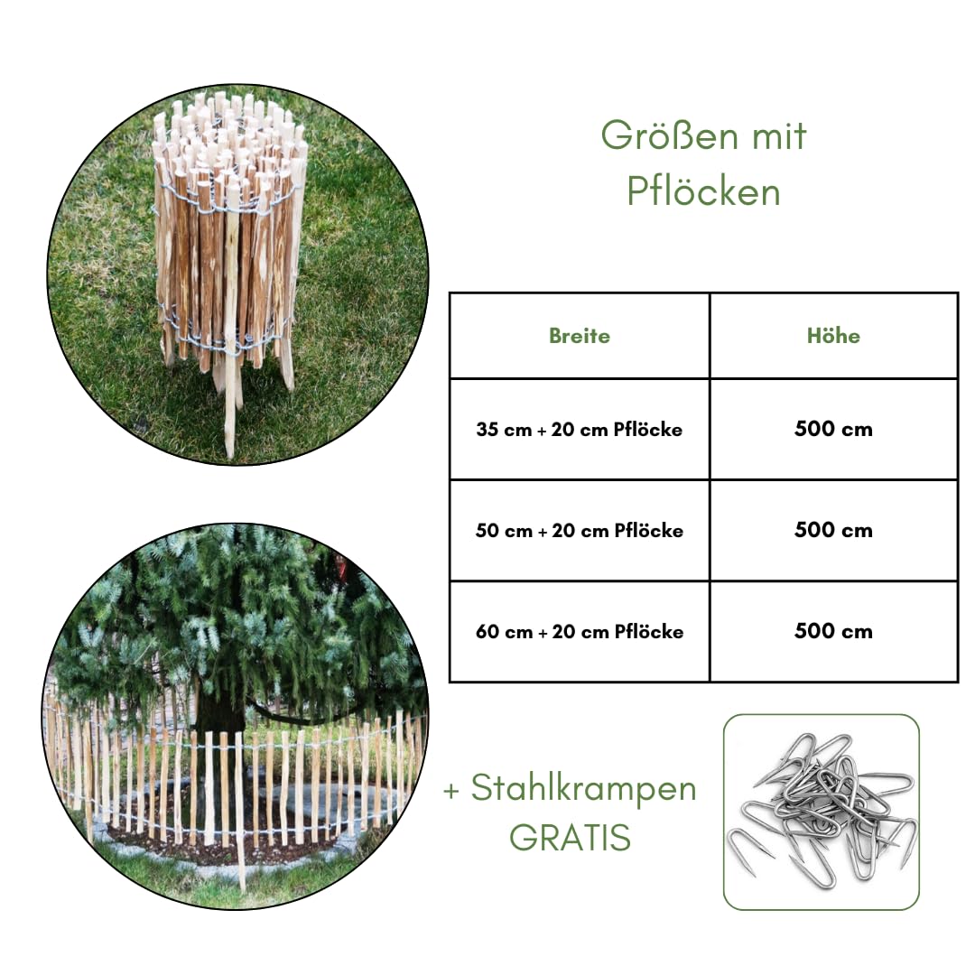 Sevico Staketenzaun imprägniert Haselnuss Holzzaun Haselnussholz Zaunlatte Rollzaun Kastanienzaun Gartenzaun 35 cm x 5m+ Pflock, Lattenabstand: 7-8 cm