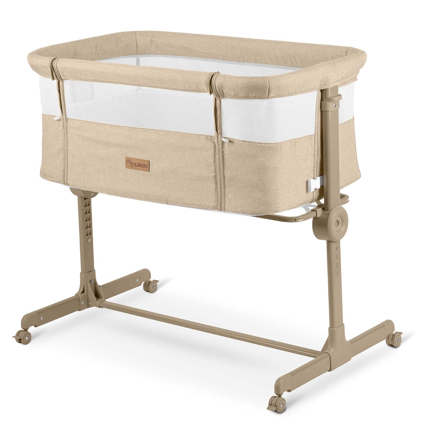 Nukido Babybett Beistellbett Reisebett - Bis 9 kg 5 Monate - Mit Matratze - Klappbar - Auf Rollen - Höhenverstellbar - Beige