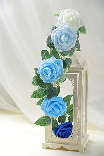 Miniatura 5 de HYUZO Flores artificiales de rosas azules, 25 unidades, flores falsas, perfectas para bricolaje, bodas, damas de honor, ramos de novia, centros de