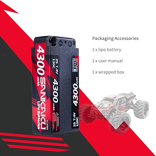 Miniatura 6 de SANKAKU 4300mAh 2S Lipo Batería 7.4V 120C RC Shorty Baterías Caso duro con 0.157 in Bullet para vehículos RC Coche Buggy Truck Tanque Racing Hobby