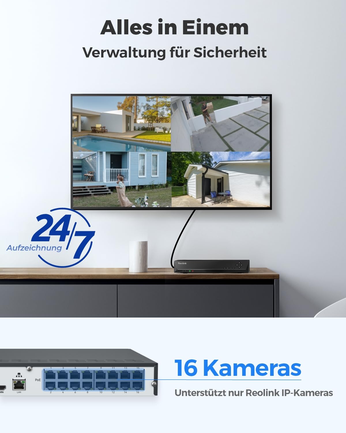Reolink 16CH 4K PoE NVR Überwachungssystem Rekorder mit 4TB Festplatte, Videoüberwachung für Haus, Innen, Aussen Sicherheit. Unterstützt 16MP/12MP/4K/5MP/4MP HD IP Kameras, RLN16-410