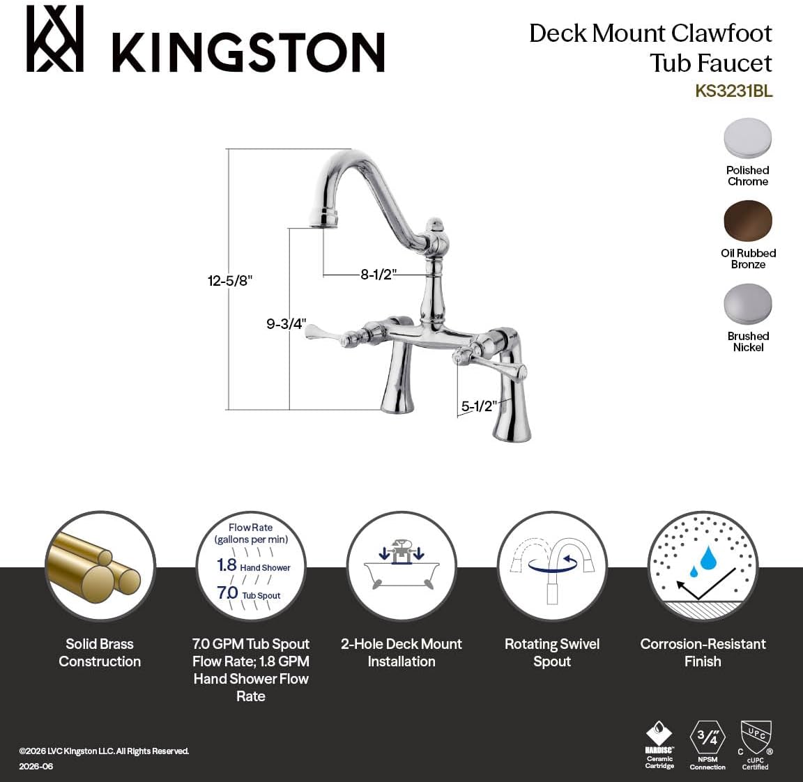 Kingston KS3231BL Deck-Mount Clawfoot Tub Faucet, Polished Chrome image 3