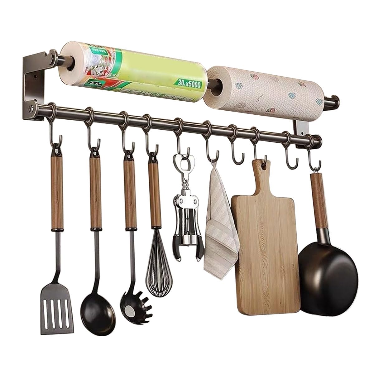 Barra Portautensili Cucina, Porta Utensili da Cucina Parete con 10 Gancio, 60CM Appendi Mestoli da Cucina Adesivo con Portarotolo, senza Foratura, Grigio