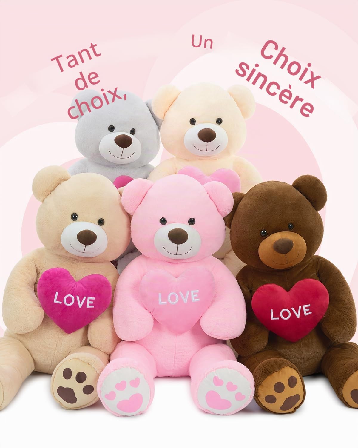 MorisMos 130cm Ours en Peluche Geant avec Cœure, XXL Rose Douce Nounours Géant Grosse Teddy Bear Jouet Mignonne Grand Cadeau pour Enfant Petite Amie Anniversaire Noël Décoration