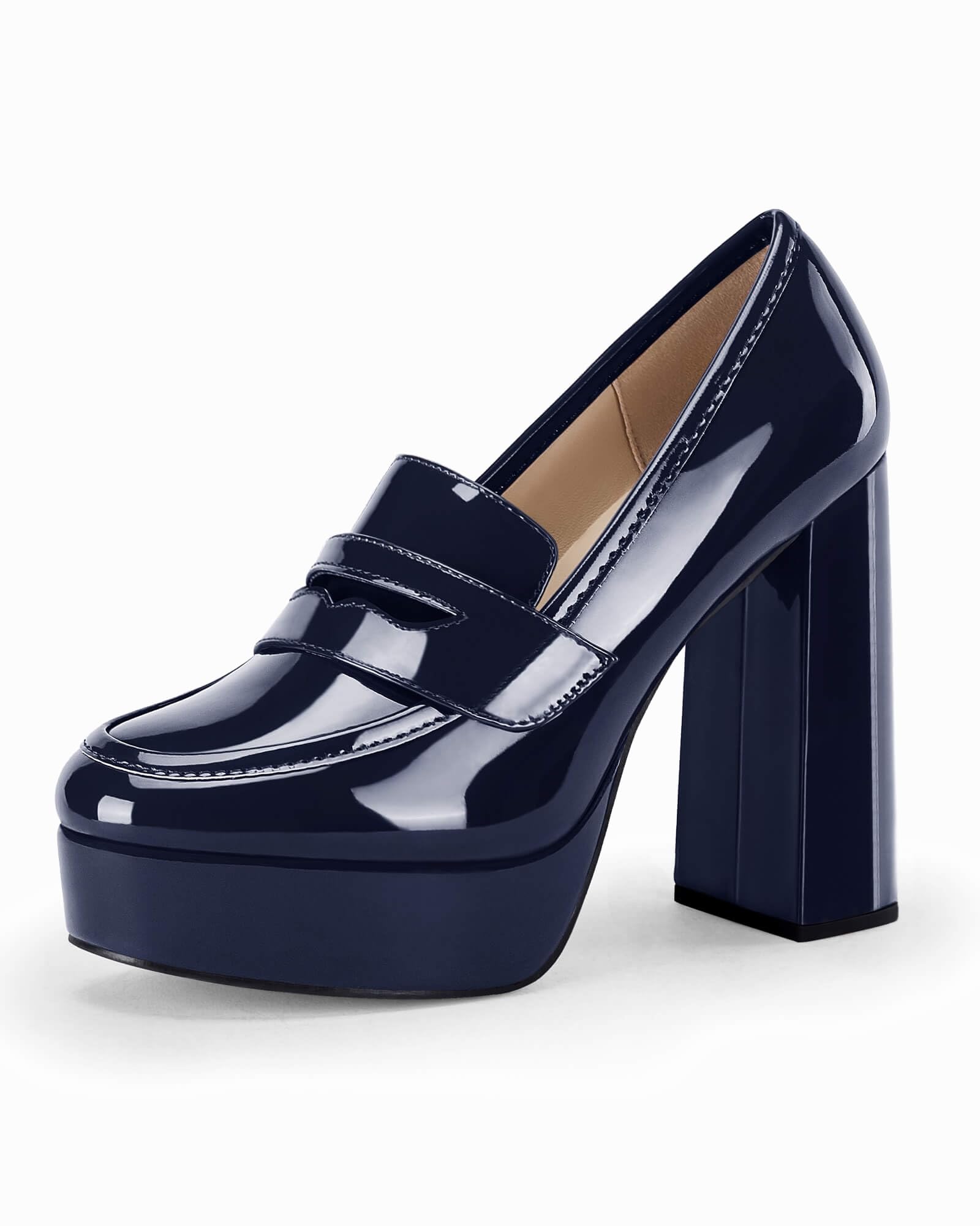 Womens Platform Heels Loafers Chunky High Heel Closed Toe Patent Leather Shoes Penny Loafer Business Dress Work Pumps: 8.5 Navy