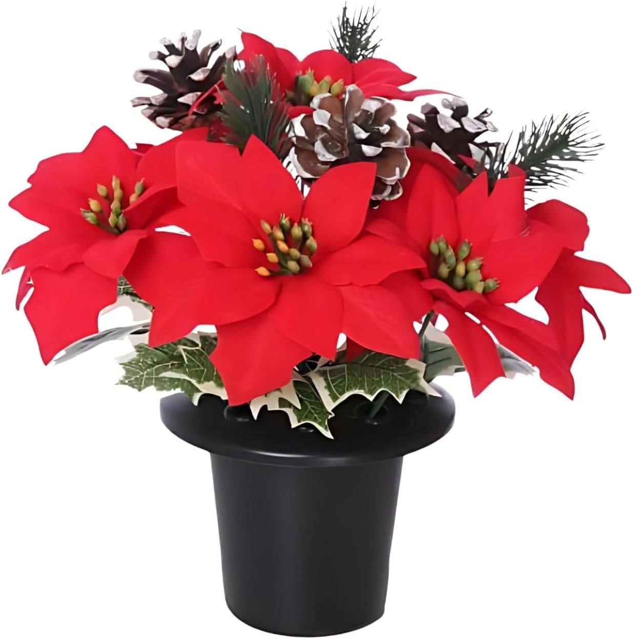 Pack1 Christmas Artificial Flowers for Graves in Pot|Red Poinsettia with Snowy Cone & Variegated Holly|Cemetery Artificial Poinsettia Grave Flower Pots | Weatherproof Grave Vase for Memorial Flowers.