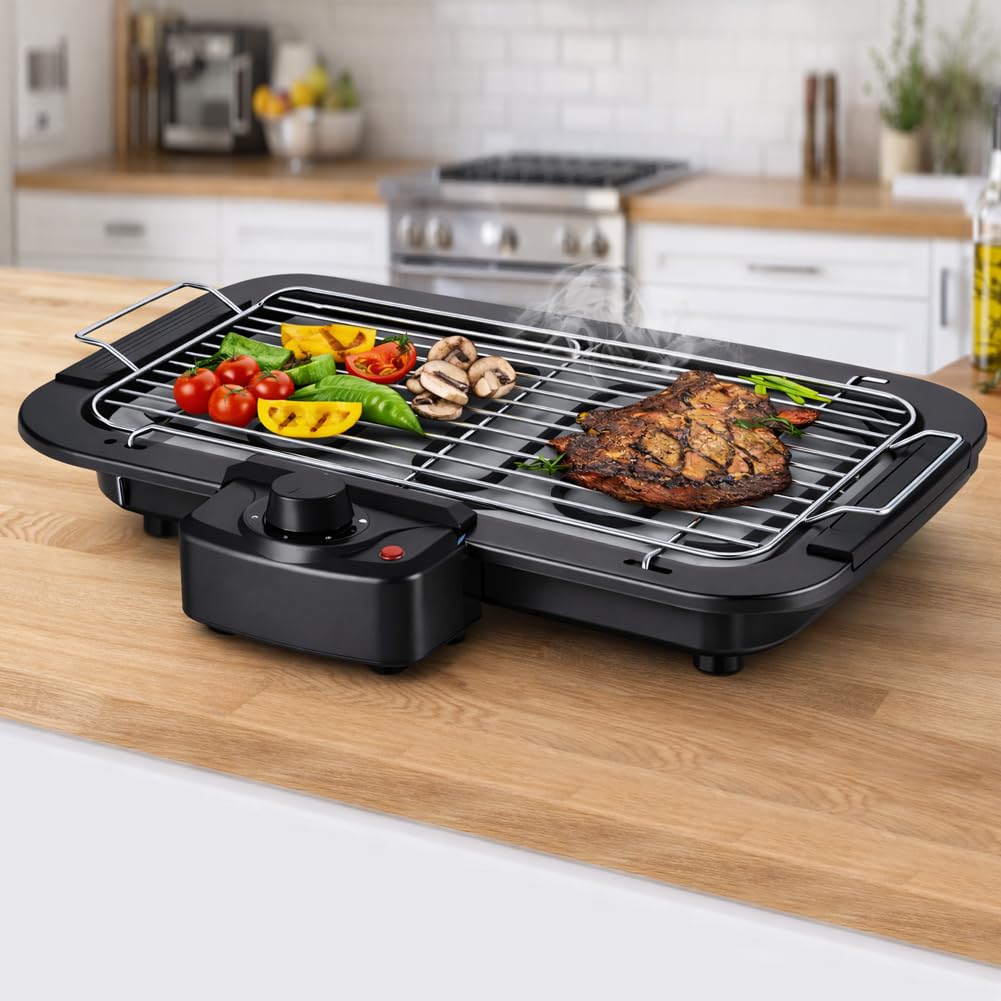 BAKAJI Barbecue Elettrico 2 in 1 2000W di Potenza, Grill da Tavolo e Stand Piedistallo, BBQ Facile da Usare con Manopola per Controllo della Temperatura e Griglia Removibile, Ideale Esterni ed Interni