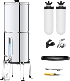 Filtro de Agua por Gravedad con Filtros Cerámicos, Depósito de 5.7L, Acero Inoxidable, Sistema de 38000L, Plegable y sin Electricidad, para Hogar, Camping