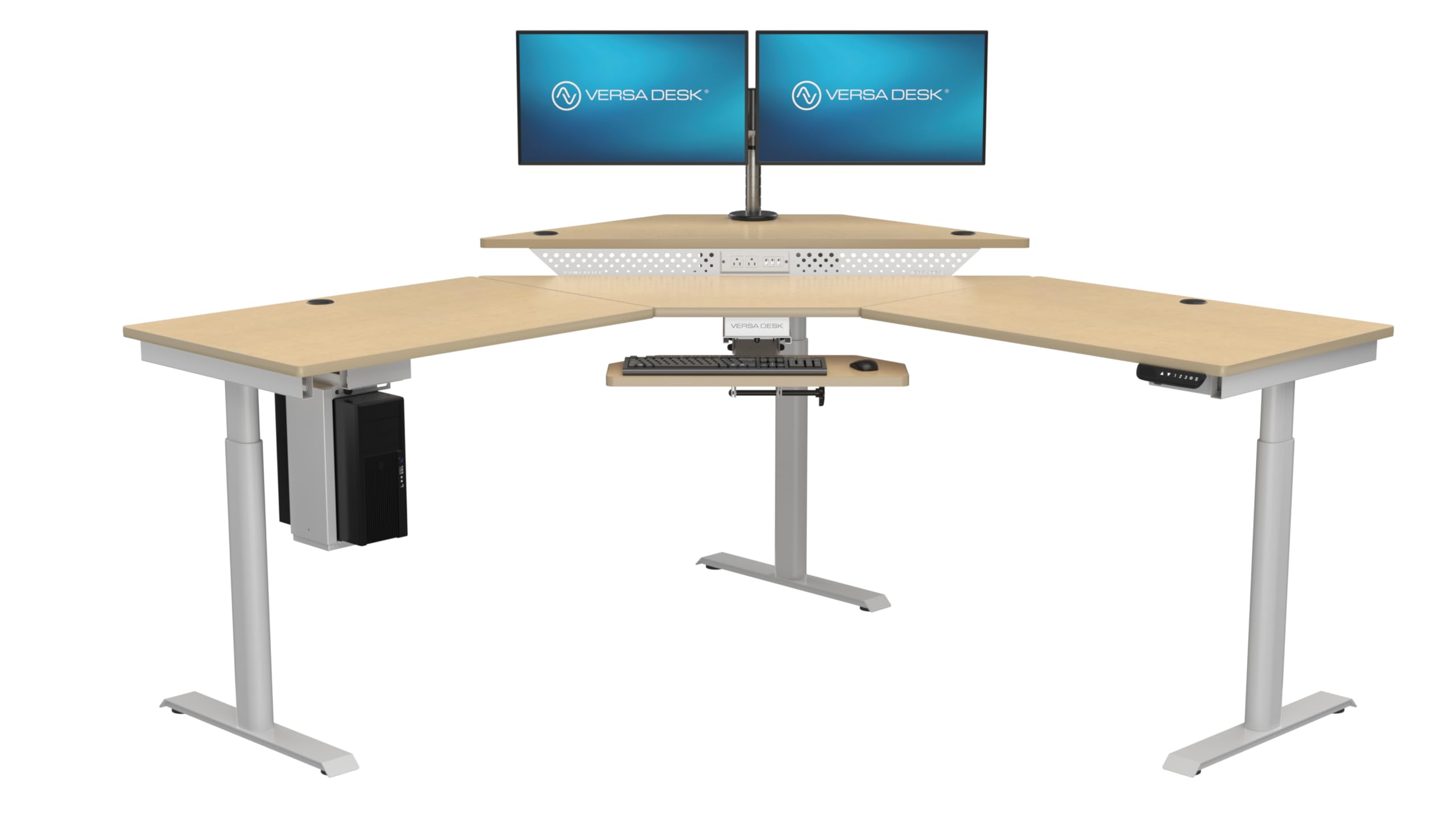 VERSADESK 72" x 72" Electric L-Shaped Corner Standing Desk, Commercial Grade Height Adjustable Sit Stand Workstation, Ergonomic Computer Desk for Home Office, White Frame, Maple Surface