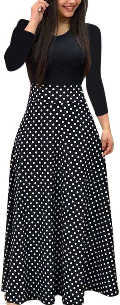 iLUGU Neutral Maxi Dress For Women Round Collar Dot Print Solid Color Tops