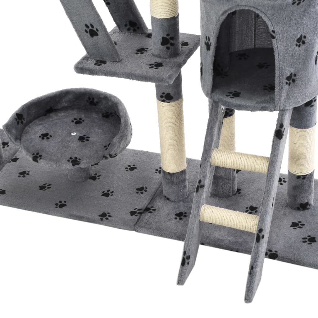 Katzen-Kratzbaum Sisal mit Pfoten-Aufdruck grau 230-250 cm höhe stabil kompakt modern mit plüsch bezogenem Rahmen und Klettermöglichkeiten für Wohnung und Katzenzubehör
