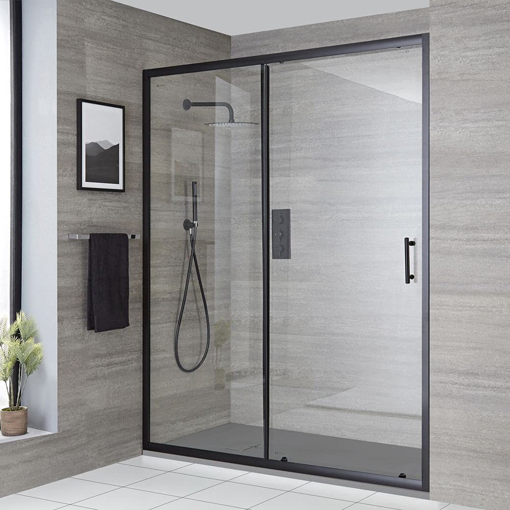 Milano Nero Black Walk in Sliding Door Shower Enclosure Light Grey Tray - 1700 x 900mm