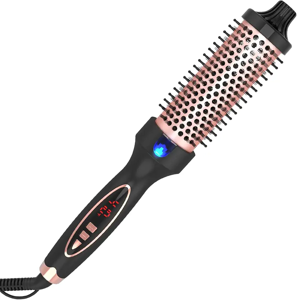 Escova Térmica para Modelador de Cachos de 1,5 Polegadas de Dupla Voltagem, Ideal para Viagens, com Display Digital de Temperatura, Turmalina Cerâmica, Iônica, Bucha Redonda de Aquecimento Rápido, Adequada para Cabelos Médios e Longos (Preto e Dourado)