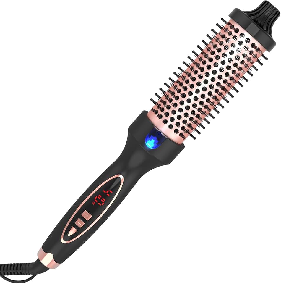 Escova Térmica para Modelador de Cachos de 1,5 Polegadas de Dupla Voltagem, Ideal para Viagens, com Display Digital de Temperatura, Turmalina Cerâmica, Iônica, Bucha Redonda de Aquecimento Rápido, Adequada para Cabelos Médios e Longos (Preto e Dourado)