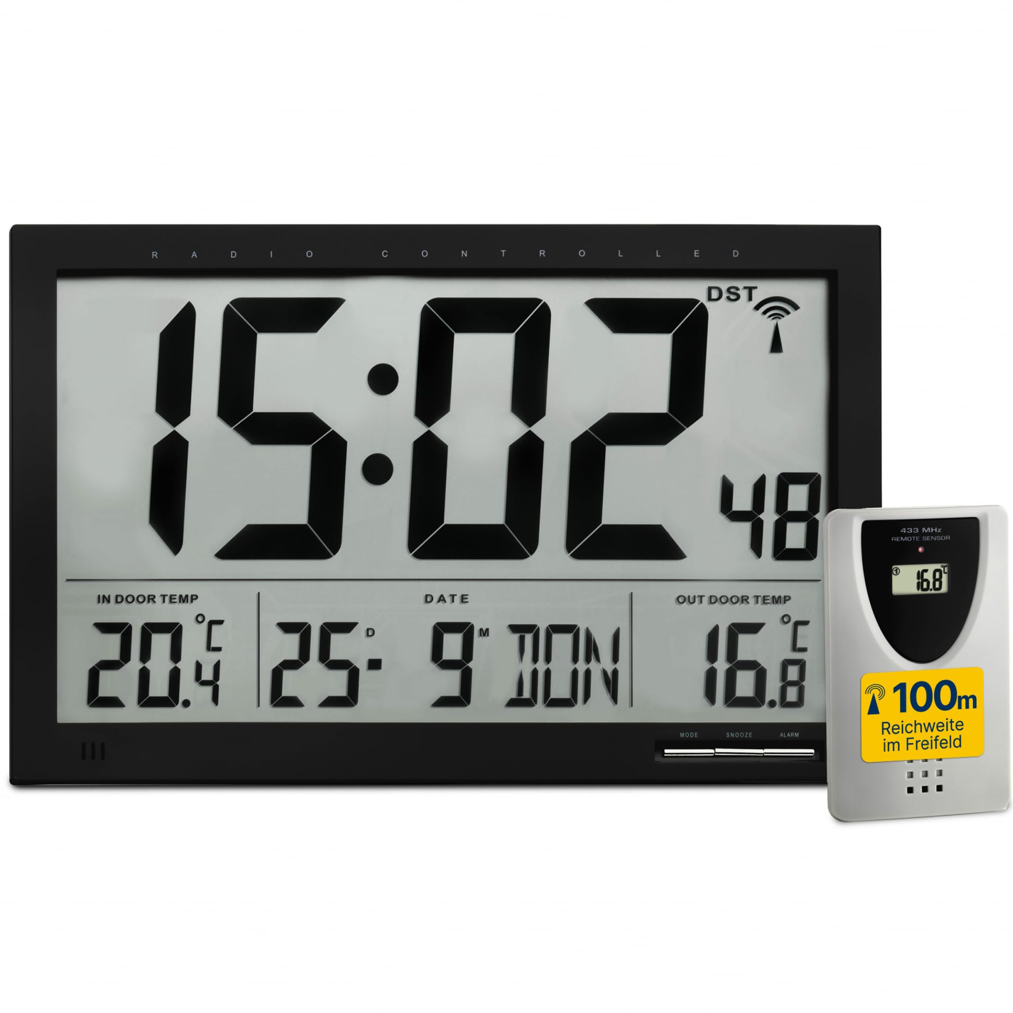 TFA Dostmann Digitale XL-Funkuhr, mit Außen-und Innentemperatur, Wanduhr, gut ablesbar, schwarz, 60.4510, L 370 x B 29 (90) x H 230 mm, 60.4510.01