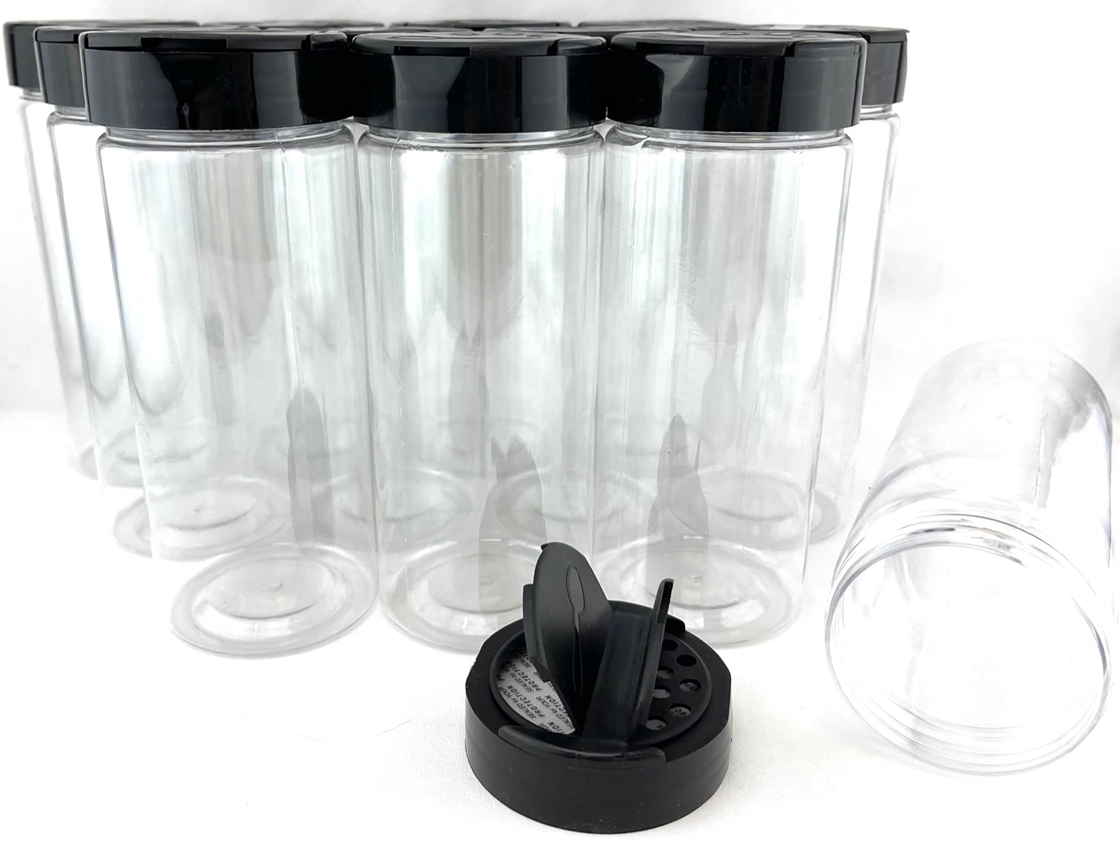 KC Commerce Botellas de plástico para especias de 16 onzas con tapa abatible negra para verter o tamizar, organizador de condimentos, sin BPA, perfecto para almacenar especias, polvos y hierbas