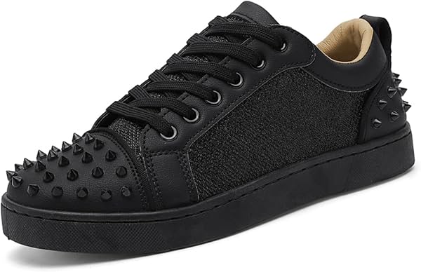 Tenis casuales para hombre con tachas punk y cordones, con remaches de metal y parte superior de tela - zapatos bajos transpirables para estilo urbano, vida nocturna y uso diario