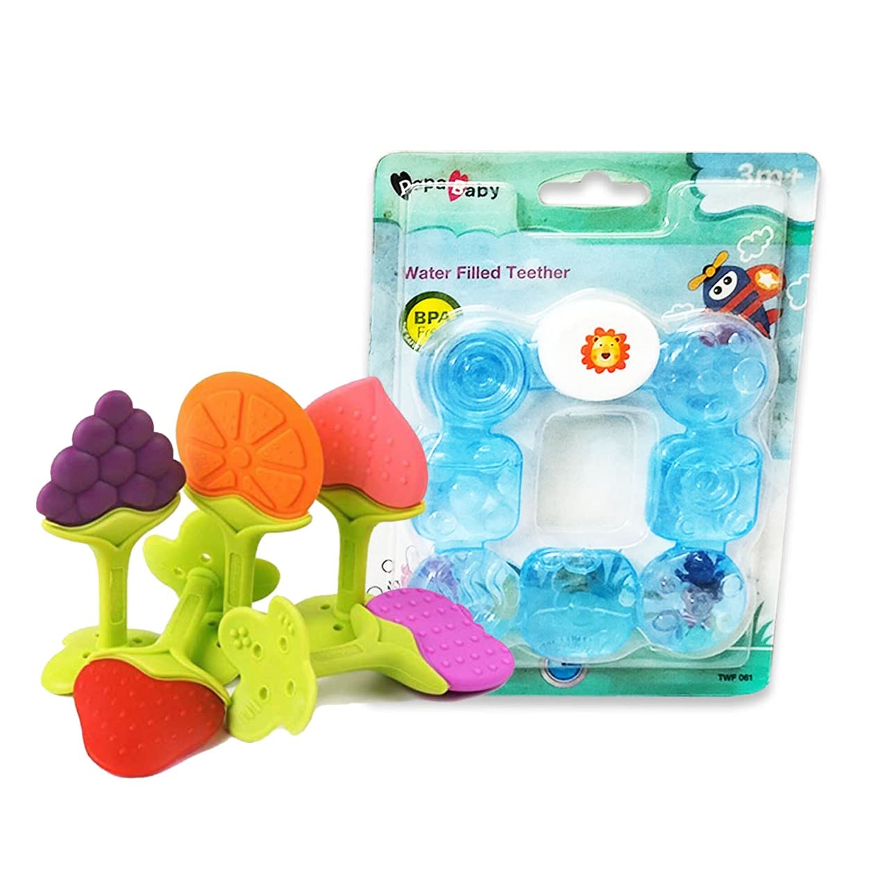 BLUE C Fruit & Vegetable Shape Teether & Water Zel Teether Combo for Newborn Babies ( Pack of 2 - Single PCS of TEETHER + Water Filled TEETHER) (Blue)