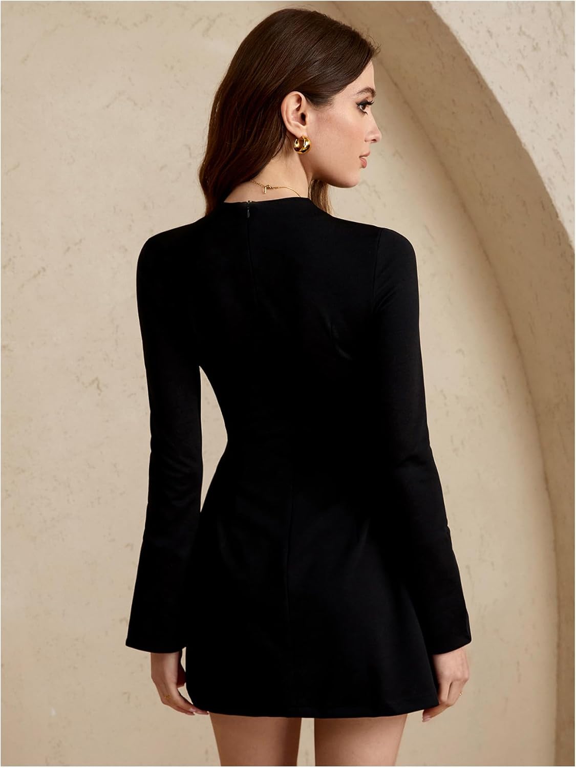 Women's Mock Neck Mini Dress Split Long Sleeve High Waisted Flared A Line Elegant Dresses - Image 2