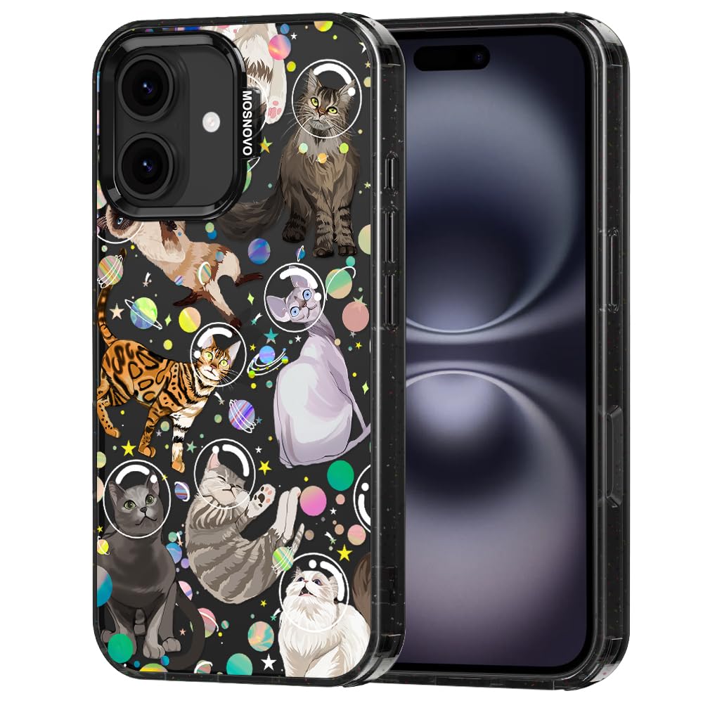 MOSNOVO Case for iPhone 16, [10ft 4X Military-Grade Drop Protection] Durable & Shockproof Phone Case Cover Design for iPhone 16 - Space Cat - Clear