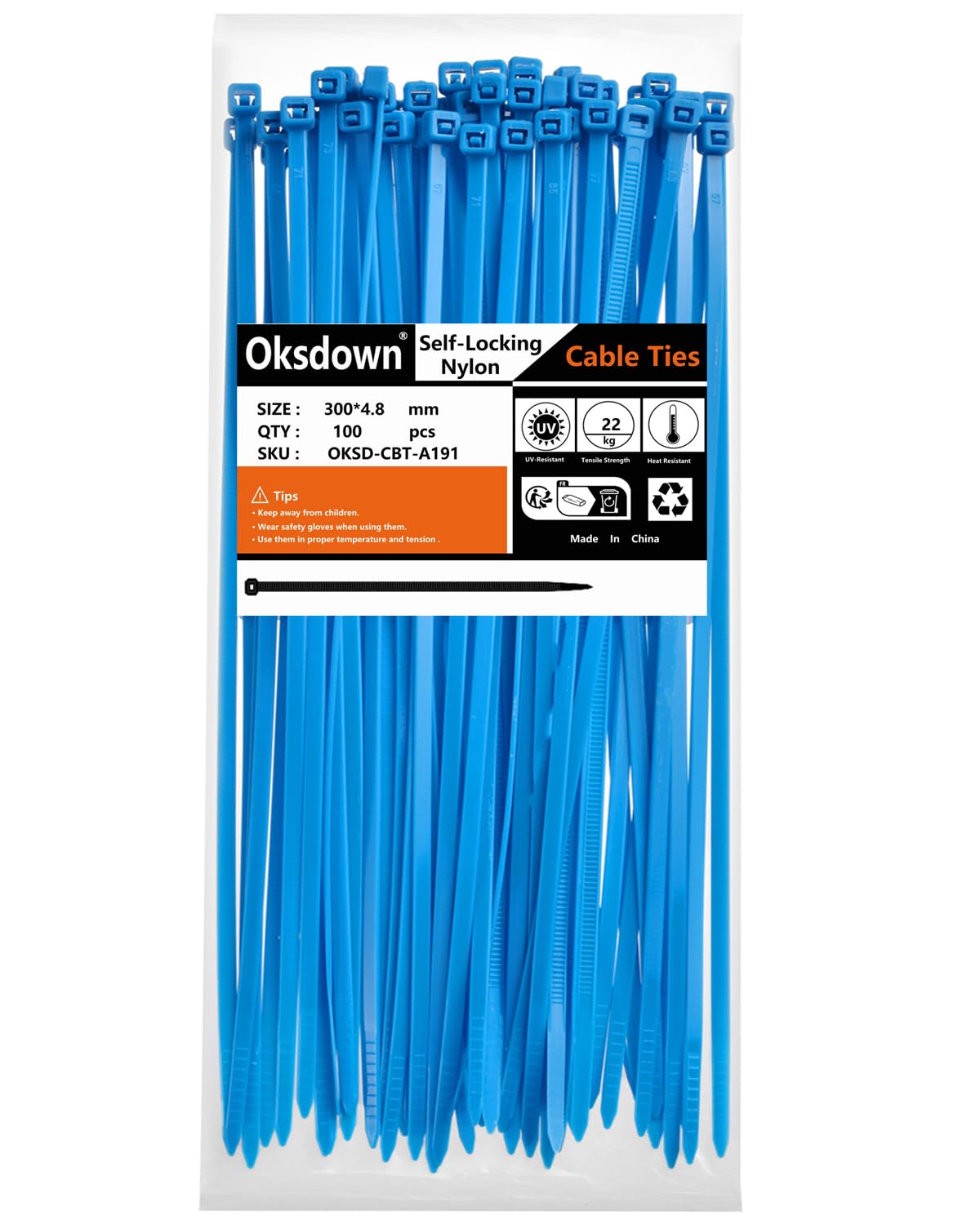 Oksdown 100 Pack Blue Plastic Cable Ties 300mm×4.8mm Heavy Duty Strong Nylon Premium Self Locking 12 inch/30 cm Long Zip Tie Wraps