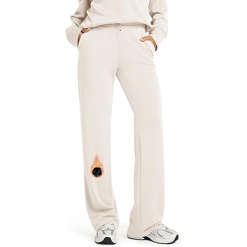 ODODOS Women's Modal Soft Fleece Lined Wide Leg Pants with Pockets Adjustable Shockcord High Waist Lounge Pants-27/29/31"