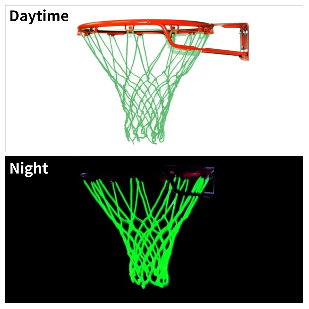 WANGCL Red de baloncesto que brilla en la oscuridad para exteriores, 12 bucles, tamaño estándar, resistente, repuesto de red de baloncesto luminosa, portátil, alimentada por el sol, red de baloncesto