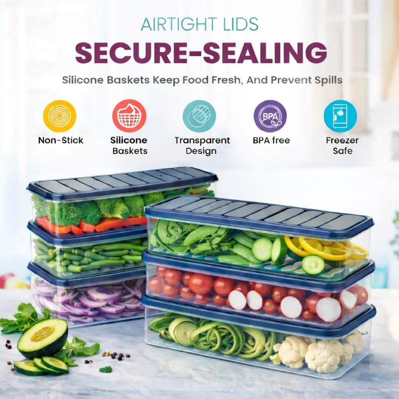 Image of Raawan Fridge Storage Boxes - Stackable Food Storage Containers | Removable Drain Plate & Lid | Durable Fridge Organizer to Keep Food Fresh Longer | Ideal for Fruits, Vegetables | 1200ml Pack of 4