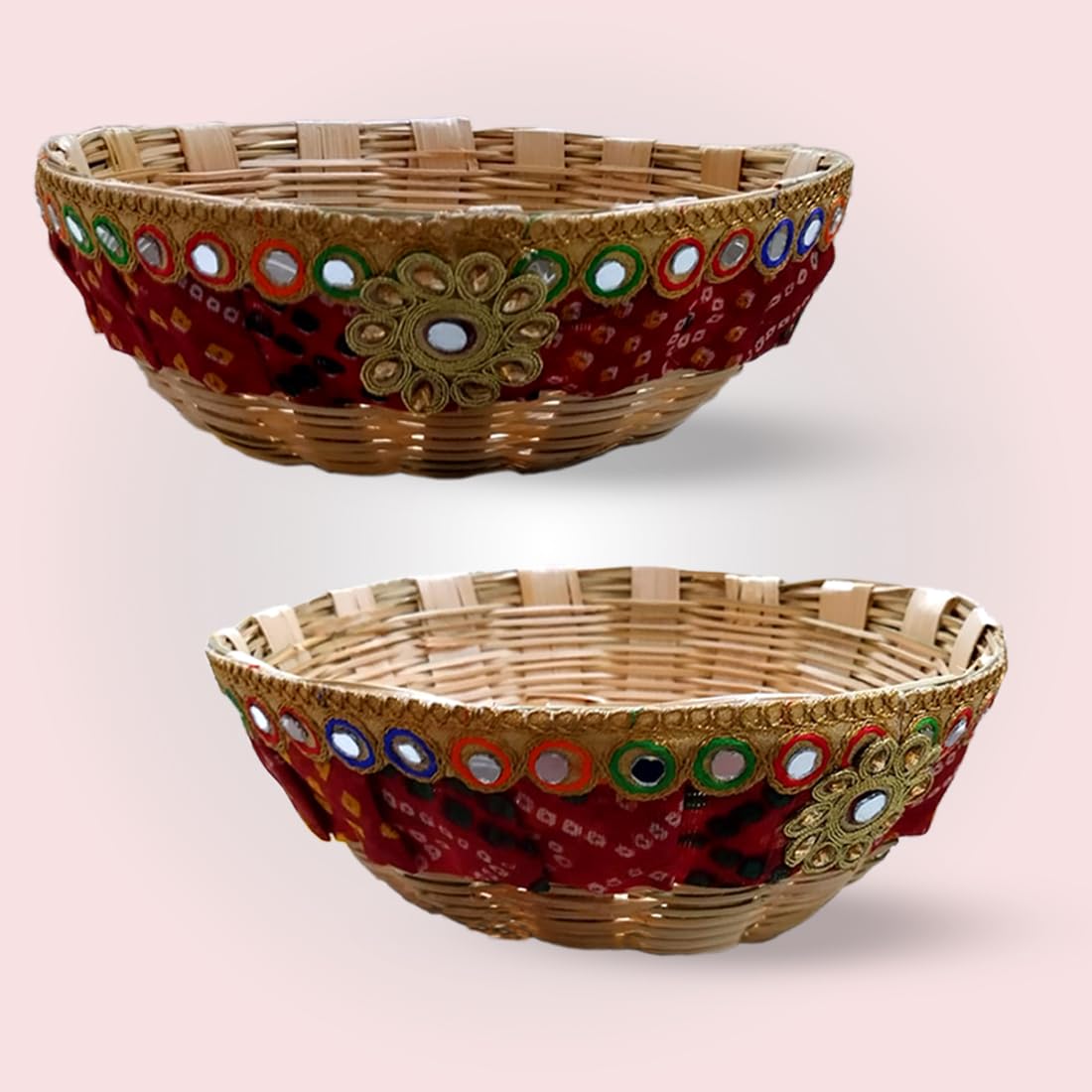Decorated Bamboo Basket for Wedding Gifts Decoration | Flowers | Dry-fruit | Home Decoration 9" Dia X 3"H (Set of 2 Pcs.).