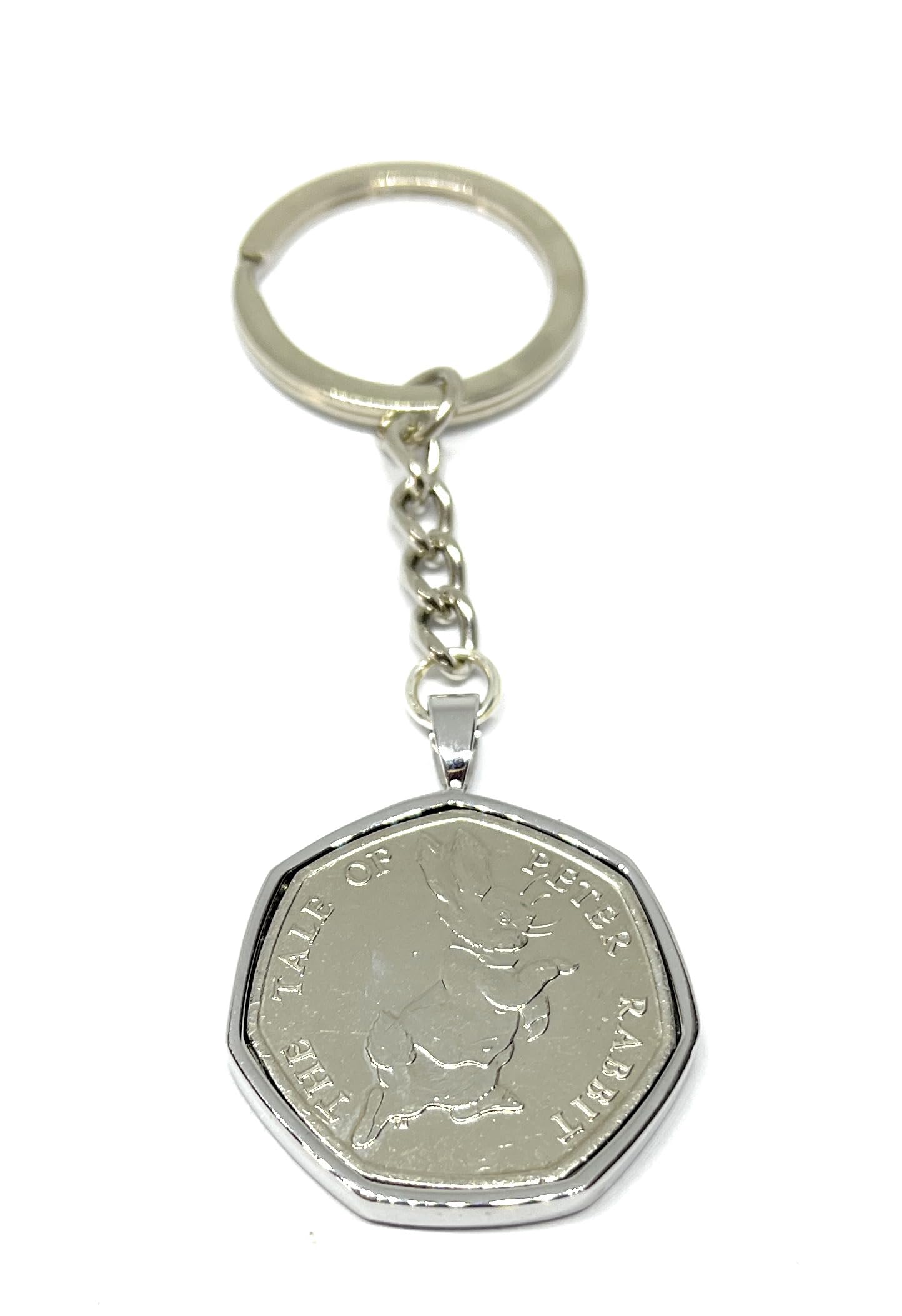 Beatrix Potter 50p coin Peter Rabbit Silver Plated Mount Keyring - Peter Rabbi Circulated Coin, Silver, One size