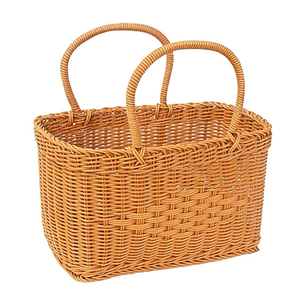 Stakee Braided Shopping Basket Mushroom Basket Wicker Storage, Rattan Fruit Vegetable Harvest Basket with Handle for Picnic