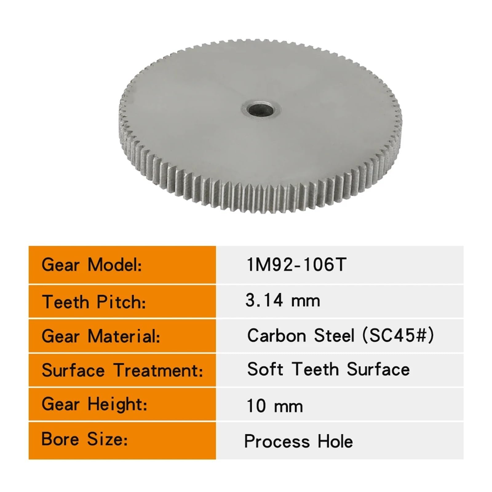 Ingranaggio cilindrico da 1 pezzo 1M-92/95/96/97/98/100/105/106T SC45# Ruota dentata superficiale con denti morbidi in acciaio al carbonio for parti di trasmissione(1M106T - Bore 12 mm)
