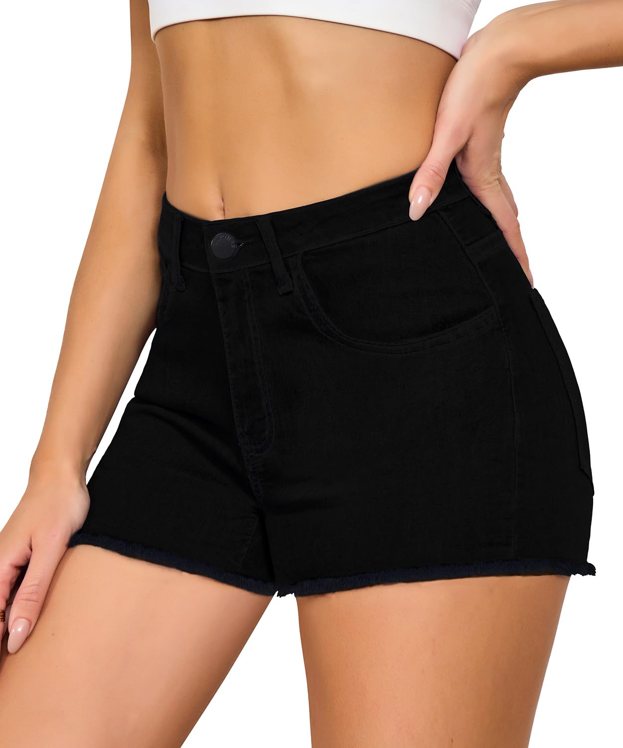 VIPONES Women Mid Rise Jeans Shorts Frayed Raw Hem Summer Stretchy Casual Denim Shorts