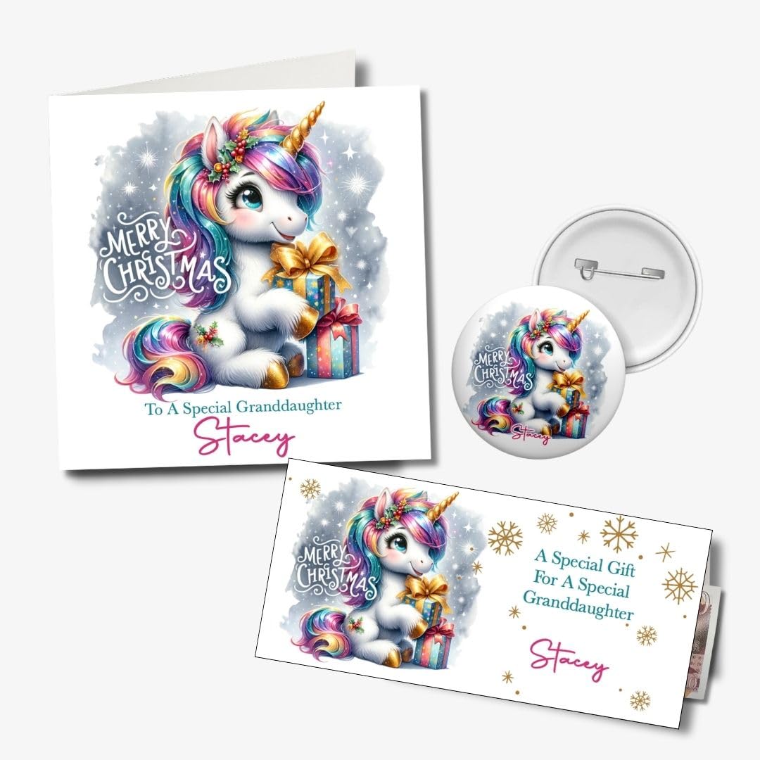 Unicorn Christmas Card Personalised for Daughter Granddaughter Niece Sister Goddaughter Pink Girls Card With Optional Matching Badge & Money Wallet (Standard Full Set)