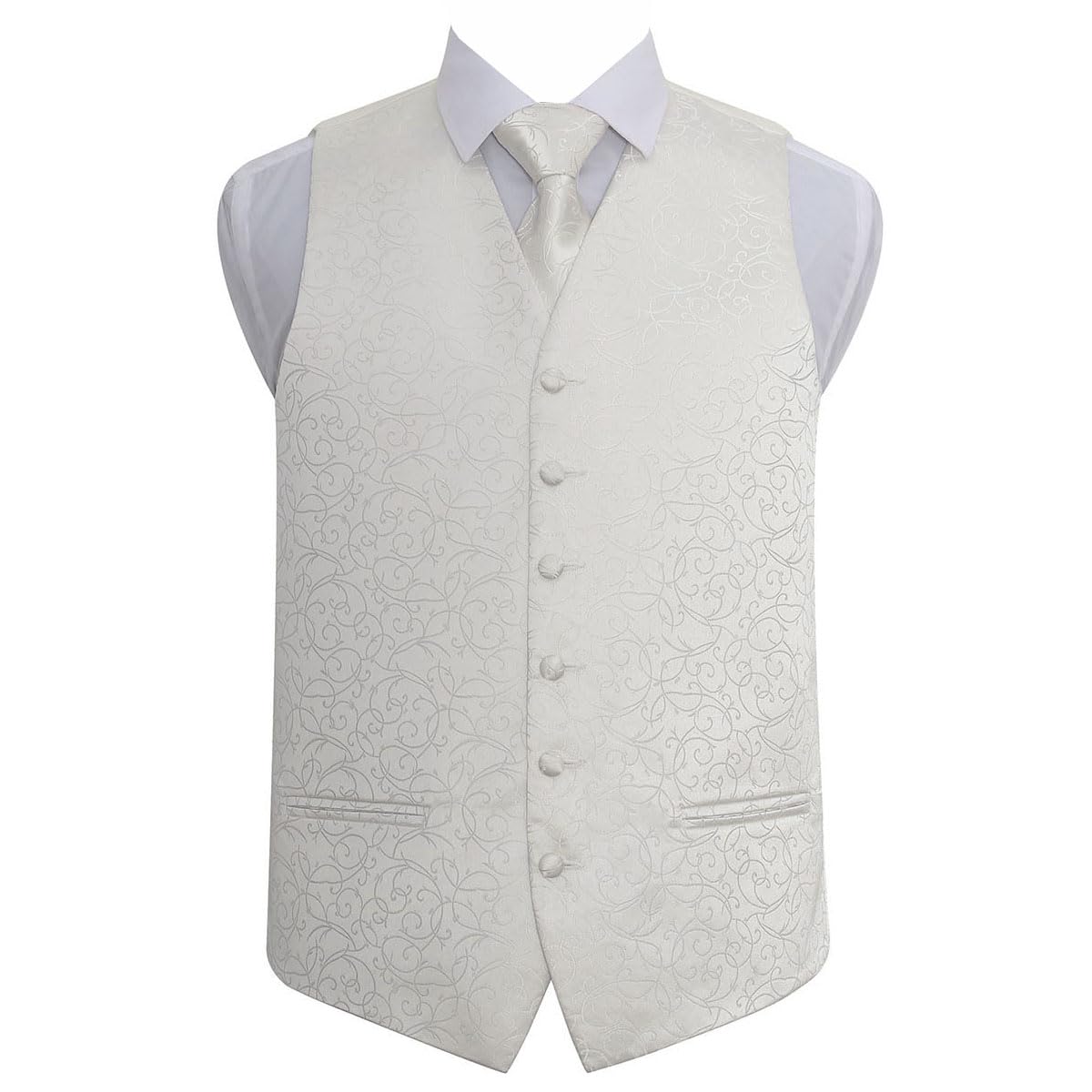 DQT Mens Swirl Waistcoat Tie Pocket Square & Cufflinks Set (4pc) - Wedding, Business & Formal - Ivory 38" (M)