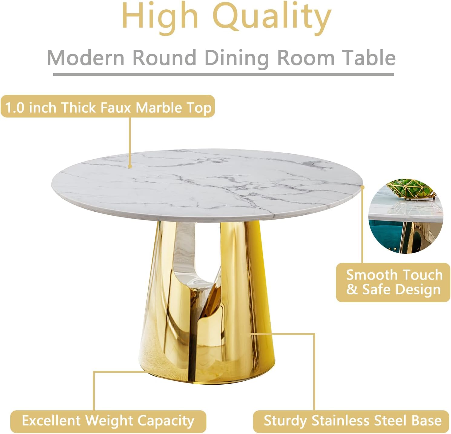 Round Dining Table 47" Modern Marble Kitchen Dinner Table for 4-6 People White Faux Marble Circle Dining Room Table with Gold Mirrored Sturdy Steel Base for Home Restaurant Furniture