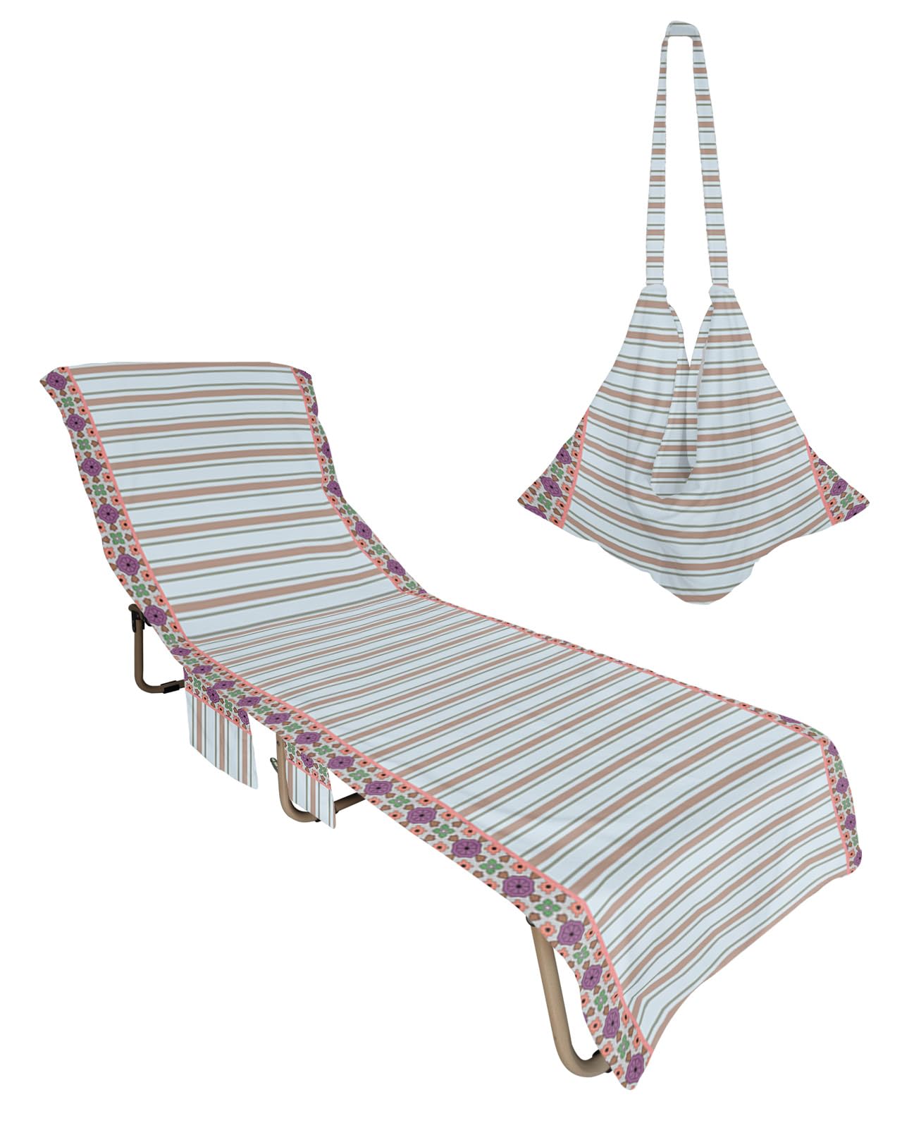 Gray Pink Striped Beach Lounge Chair Towel Cover, Soft Chaise Lounge Towel with Side Pockets Patio Pool Chairs Cover for Beach/Pool Sunbathing 29x85 Brown Yellow Teal Flowers Botanical