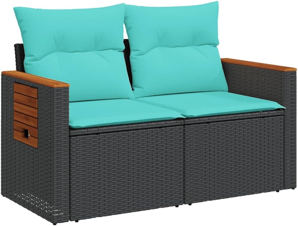 2-Seater Black Rattan Loveseat 24.4x48.8x27.2 in, Blue Cushions, Hidden Storage, All-Weather for Patio/Balcony