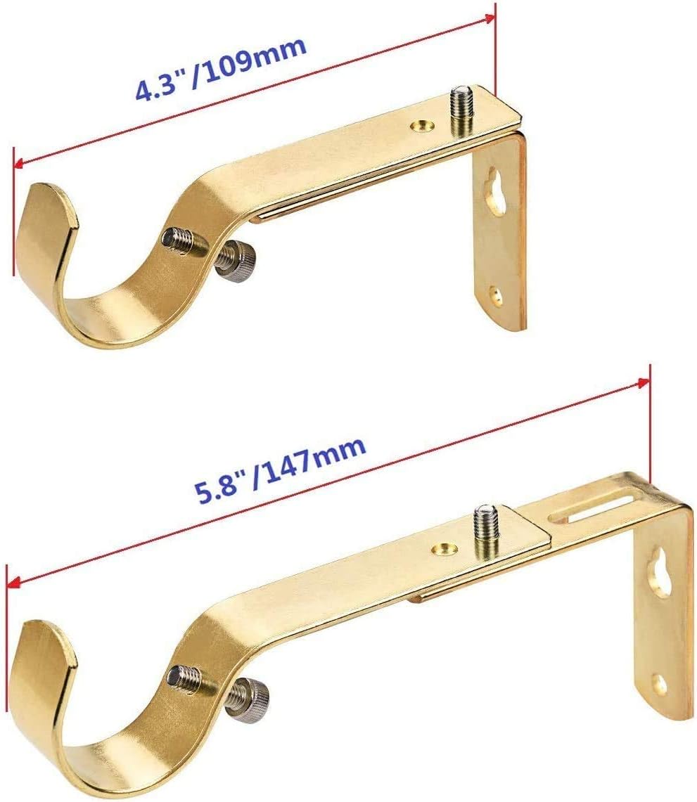 Curtain Rod Brackets, Gold Plated, Metal, Wall Mount, Set of 3, 1 or 1 1/8 Inch Rods, Adjustable 4.3" to 5.8" (Pack of 2)