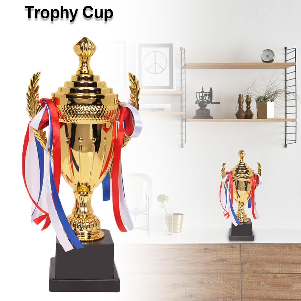 Coppa grande trofeo d'oro trofeo da competizione in oro personalizzato con base coppa trofeo calcio con nastro colorato per eventi sportivi, premi di gioco, 37 cm