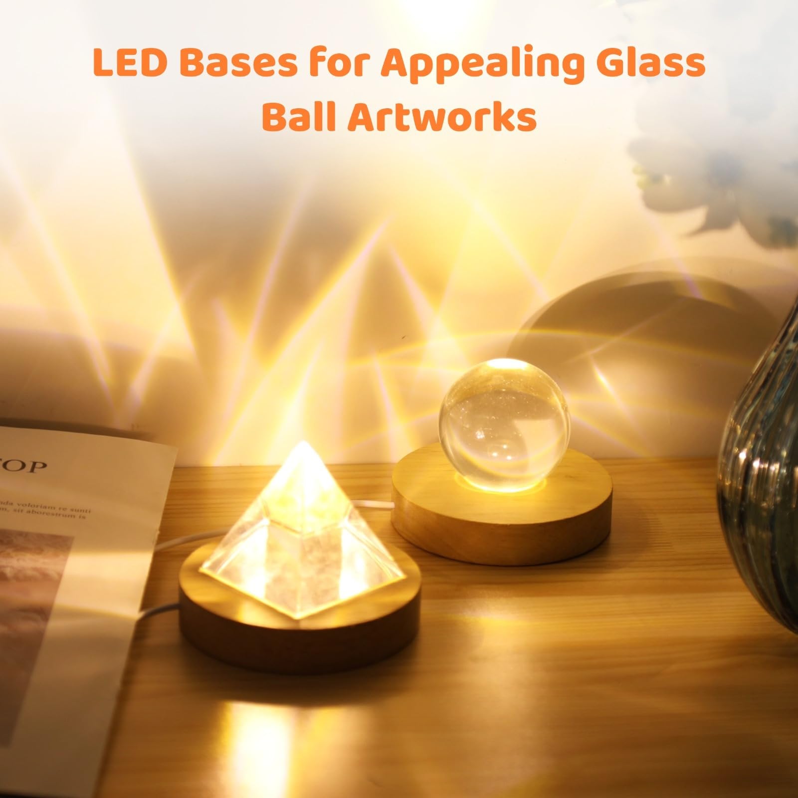 3 modalità di illuminazione, espositore in cristallo, alimentato tramite USB, decorazione per la casa, artigianato, vetro artistico per, basi luminose a LED in legno, 8 pezzi, altezza 2 cm
