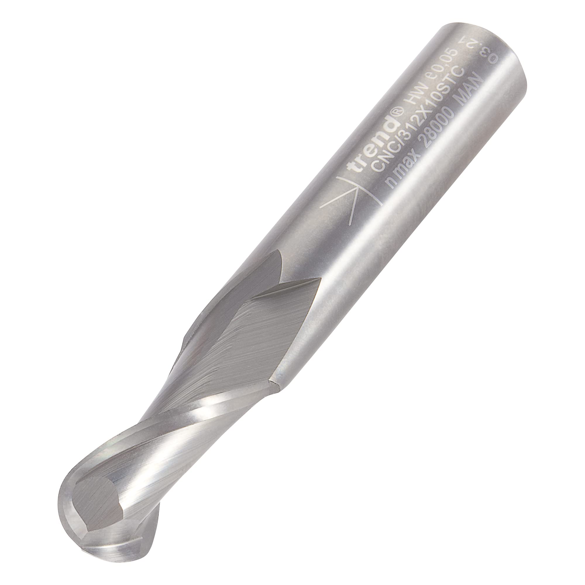 Trend Cnc Bullnose Spiral Up-Cut Router Cutter, 10Mm Shank, 10Mm Cut Diameter & 22Mm Cut Length, Solid Tungsten Carbide, Cnc/312X10stc