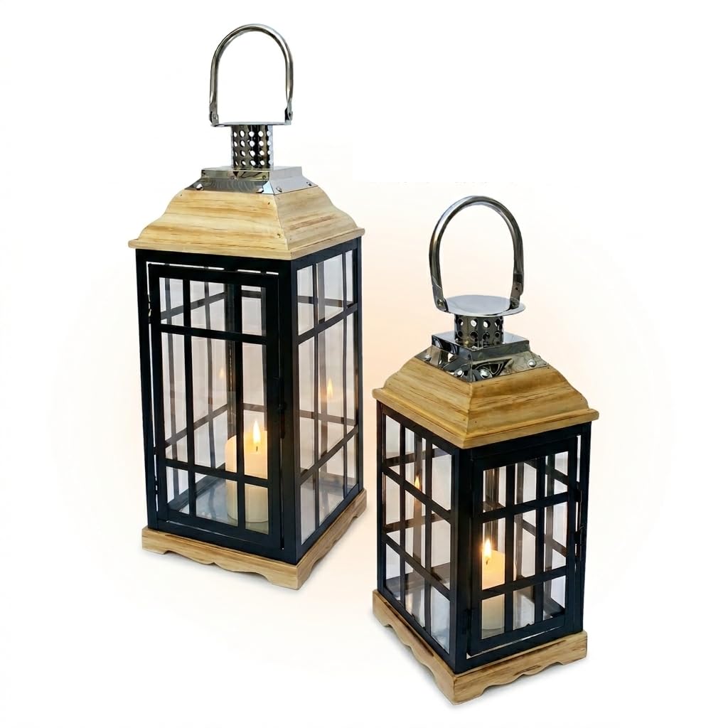 Set 2 Lanterne da Esterno in Ferro e Legno con Vetro Portacandele Giardino Terrazzo Portico Stile Rustico Moderno Lanterna Grande 56 cm + Piccola 39 cm Decorazione Outdoor