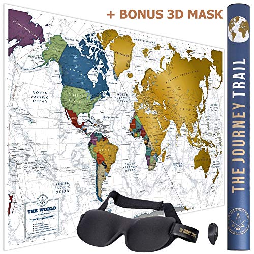 Mapamundi para rascar para viajeros y familias - Scratch off world map poster más grande (84x57cm) y con más destinos - Incluye antifaz para un sueño profundo y reparador