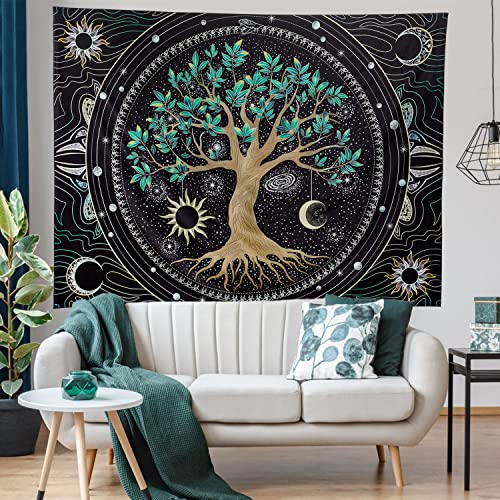 Image of FLY SPRAY Aesthetic Tree of Life Tapestry Trippy Wall Tapestry Hippie Sun Moon Star Galaxy Space Tapestries Forest Wall Hanging Decor Vibrant Nature Home Decoration for Bedroom, Living Room, Dorm