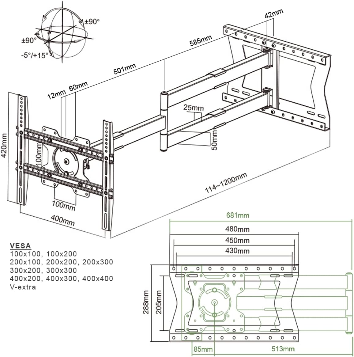 Technical drawing of the XTRARM TiTon TV wall mount with detailed dimensions and VESA patterns