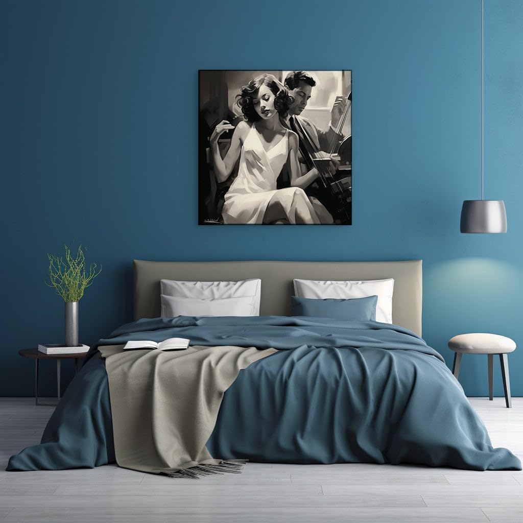 Canvas for Living room. Harmony in Monochrome Musicians Lost in a Melodic Embrace, 27 x 18 inch Canvas Wall Art - Ready to Hang - 69x46 cm (27x18 inch)