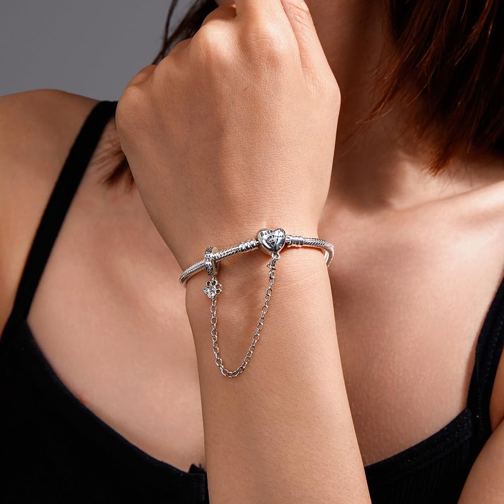 Silver-plated Charm Bracelet for Woman Snake Chain Bracelet Dog Paw Print Clover Cute Horseshoe Heart Moments European Bracelet Jewelry Gift for Women - Image 2