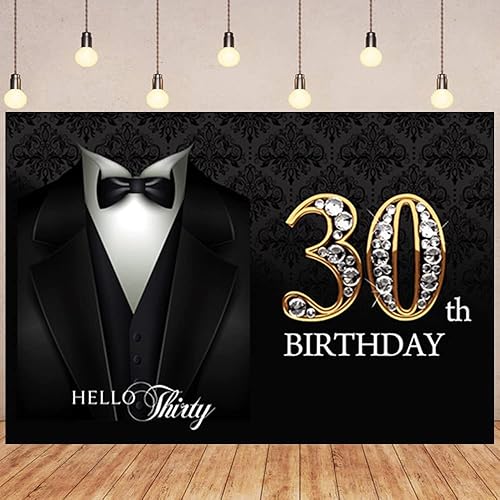 Miniatura 8 de Decoración de fondo de fotografía de cumpleaños 60 para hombre, de 8 x 60 pies, corbata negra, traje de esmoquin, telón de fondo para fotos,