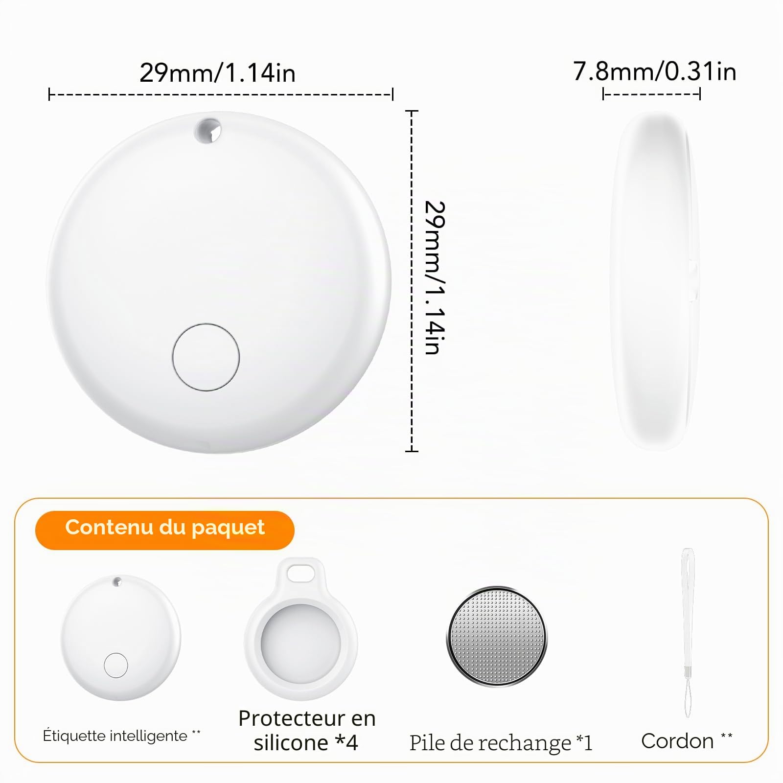 Android Smart Tag, Traceur Lot de 4, Fonctionne avec l’app Google Localiser (Uniquement Android), Équipé d'un Étui de Protection, IP68 Imperméable, pour Les clés/Portefeuilles/Valises, Blanc